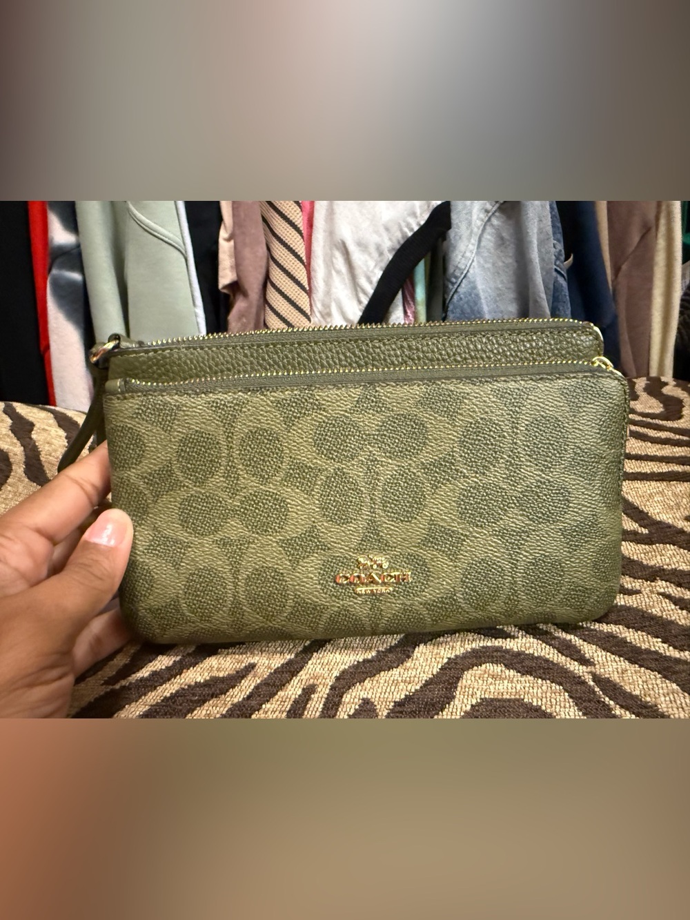 Coach Olive Signature Canvas Wristlet with Gold Logo